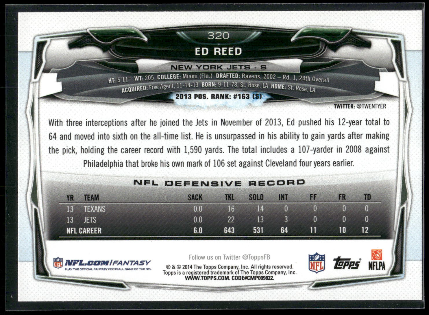 2014 Topps #320 Ed Reed