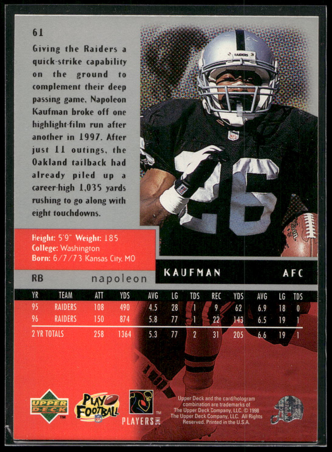 1998 Upper Deck Black Diamond #61 Napoleon Kaufman