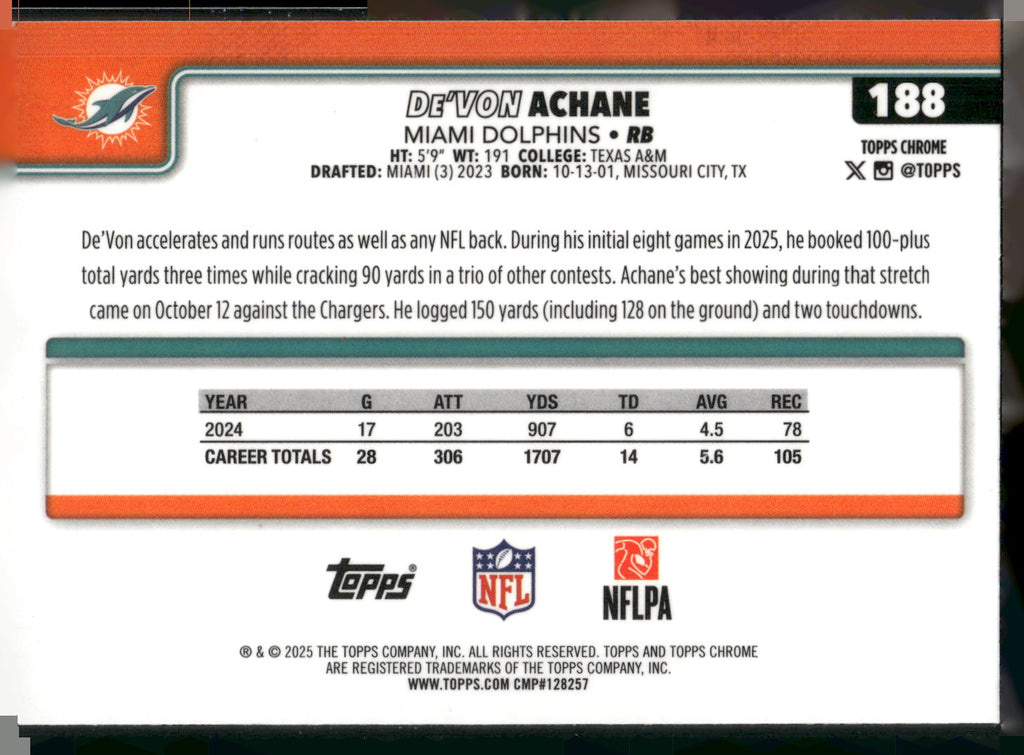 2025 Topps Chrome #188 De'Von Achane