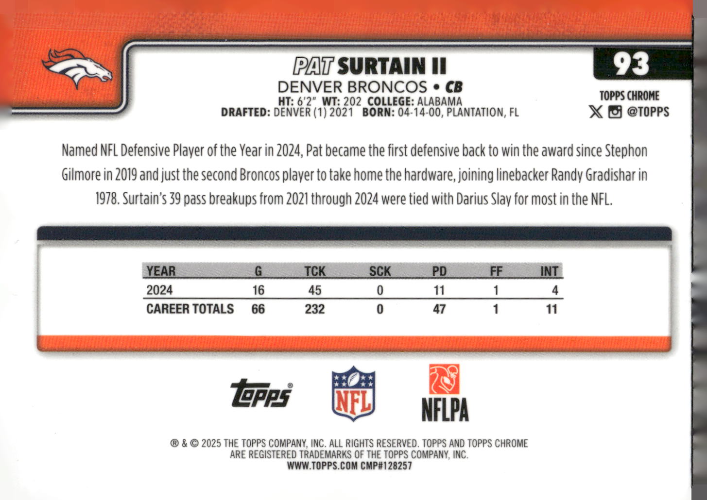 2025 Topps Chrome #93 Patrick Surtain II