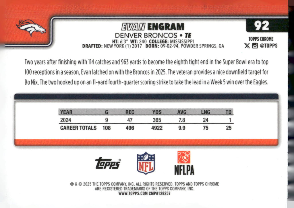 2025 Topps Chrome #92 Evan Engram