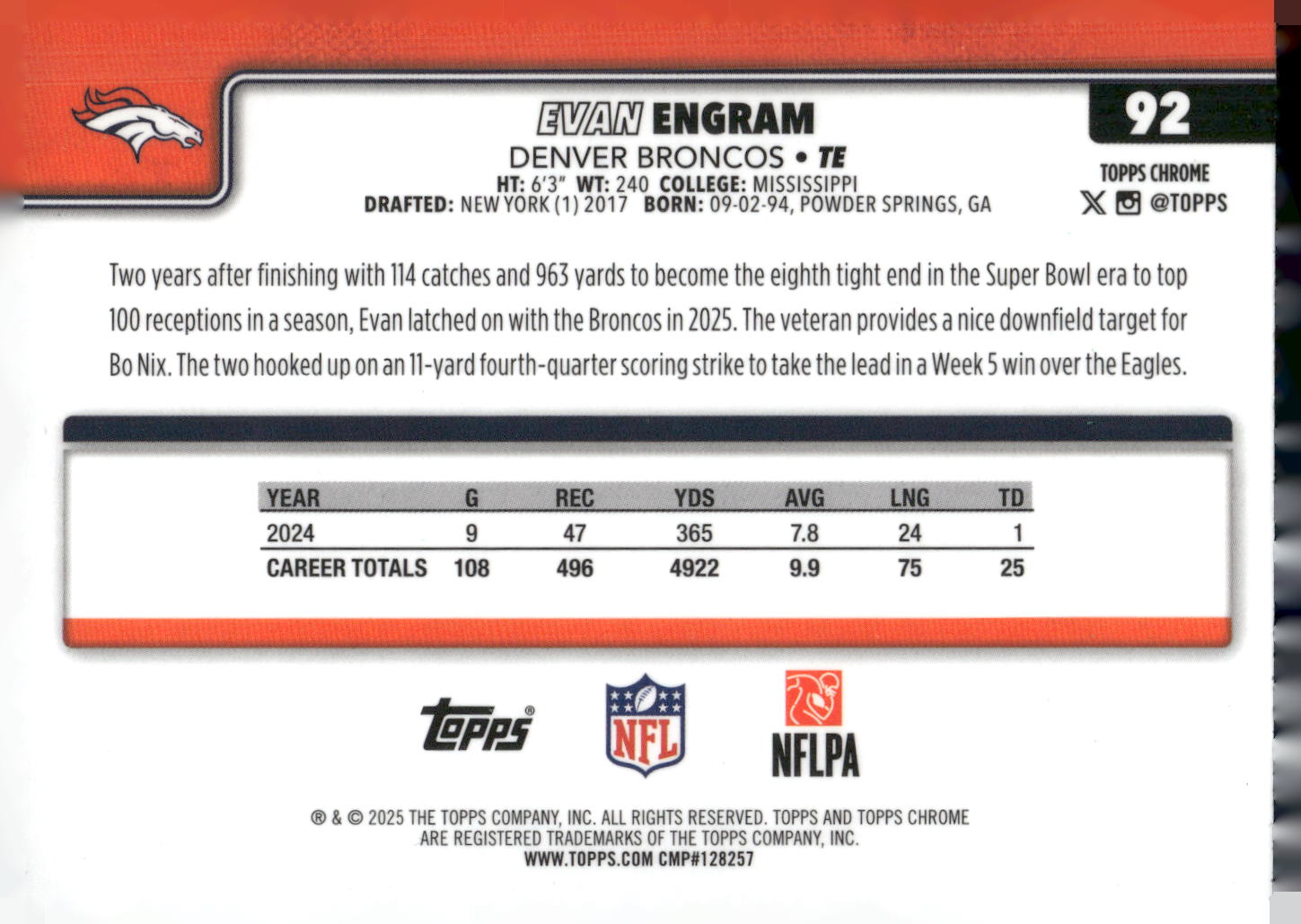 2025 Topps Chrome #92 Evan Engram