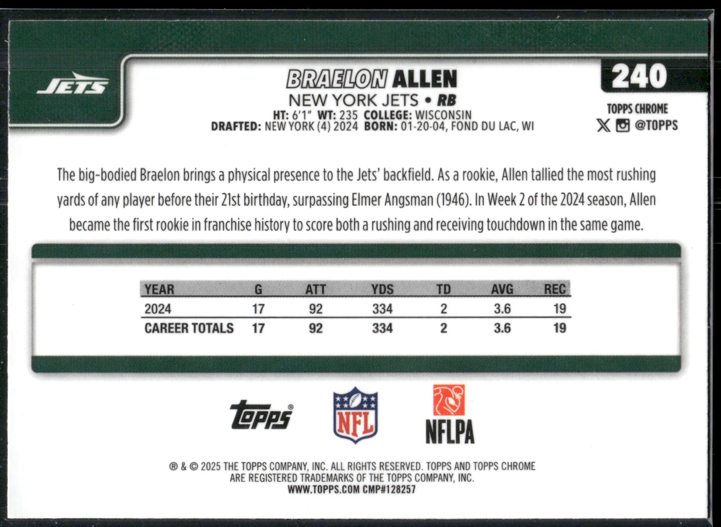 2025 Topps Chrome #240 Braelon Allen