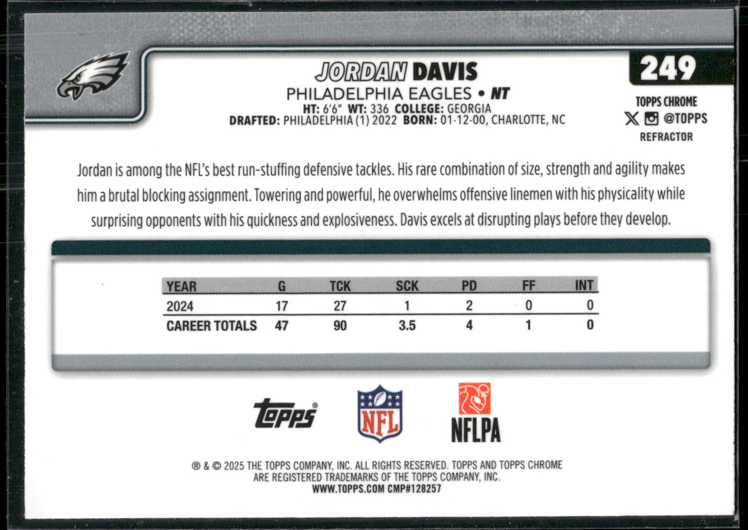 2025 Topps Chrome #249 Jordan Davis Refractor