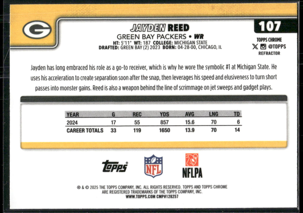 2025 Topps Chrome #107 Jayden Reed Refractor