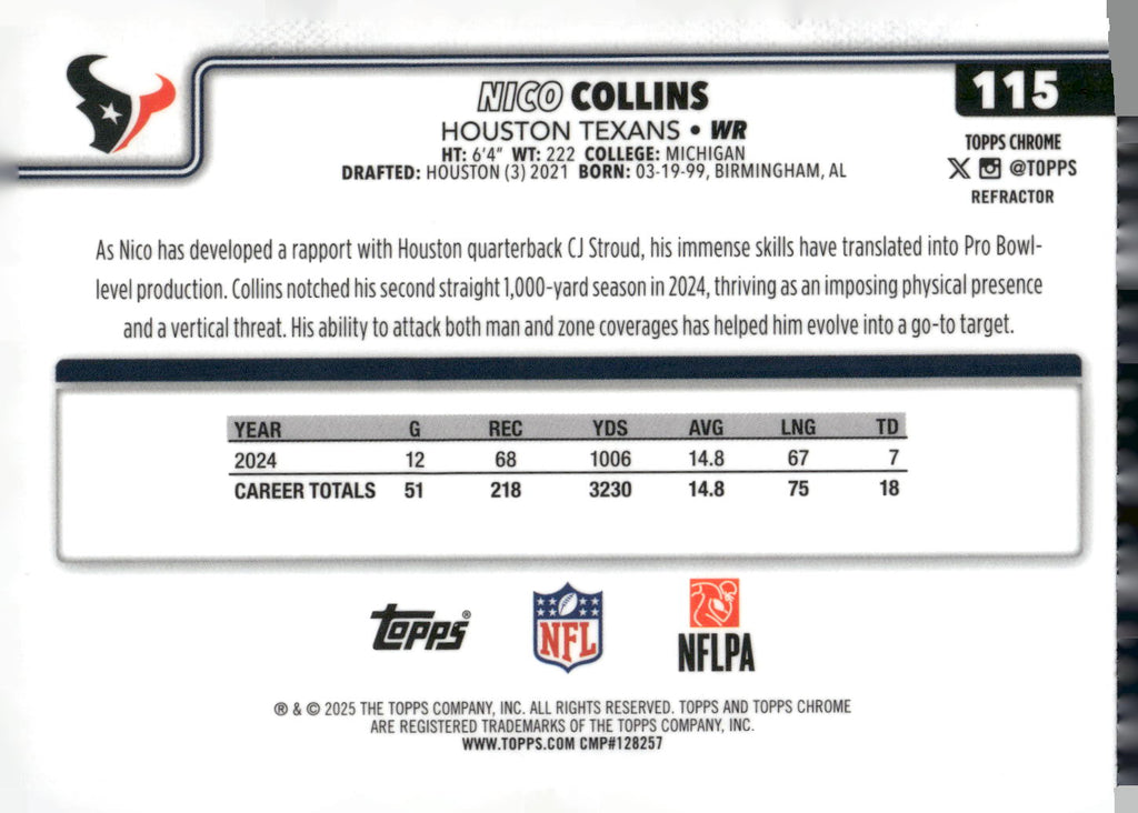 2025 Topps Chrome #115 Nico Collins Refractor