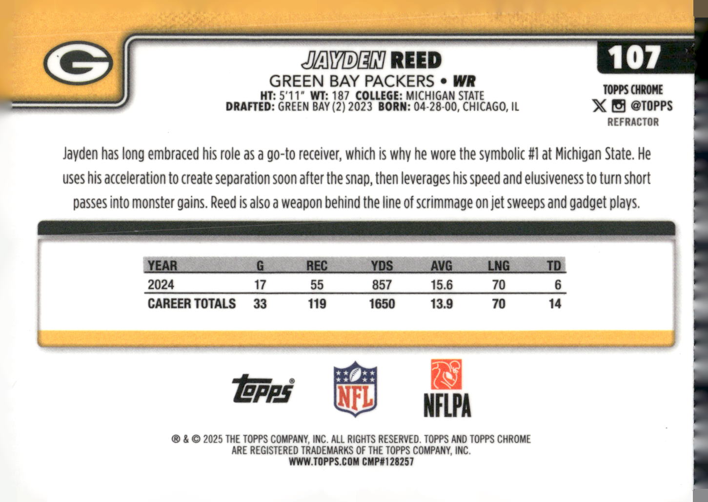 2025 Topps Chrome #107 Jayden Reed Refractor