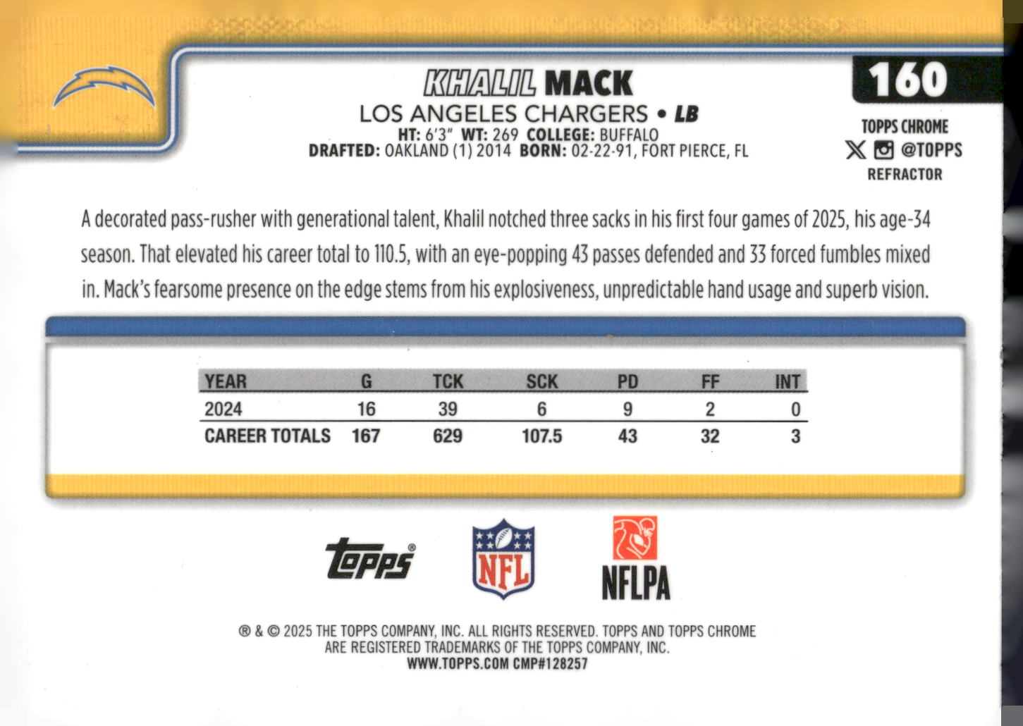 2025 Topps Chrome #160 Khalil Mack Refractor