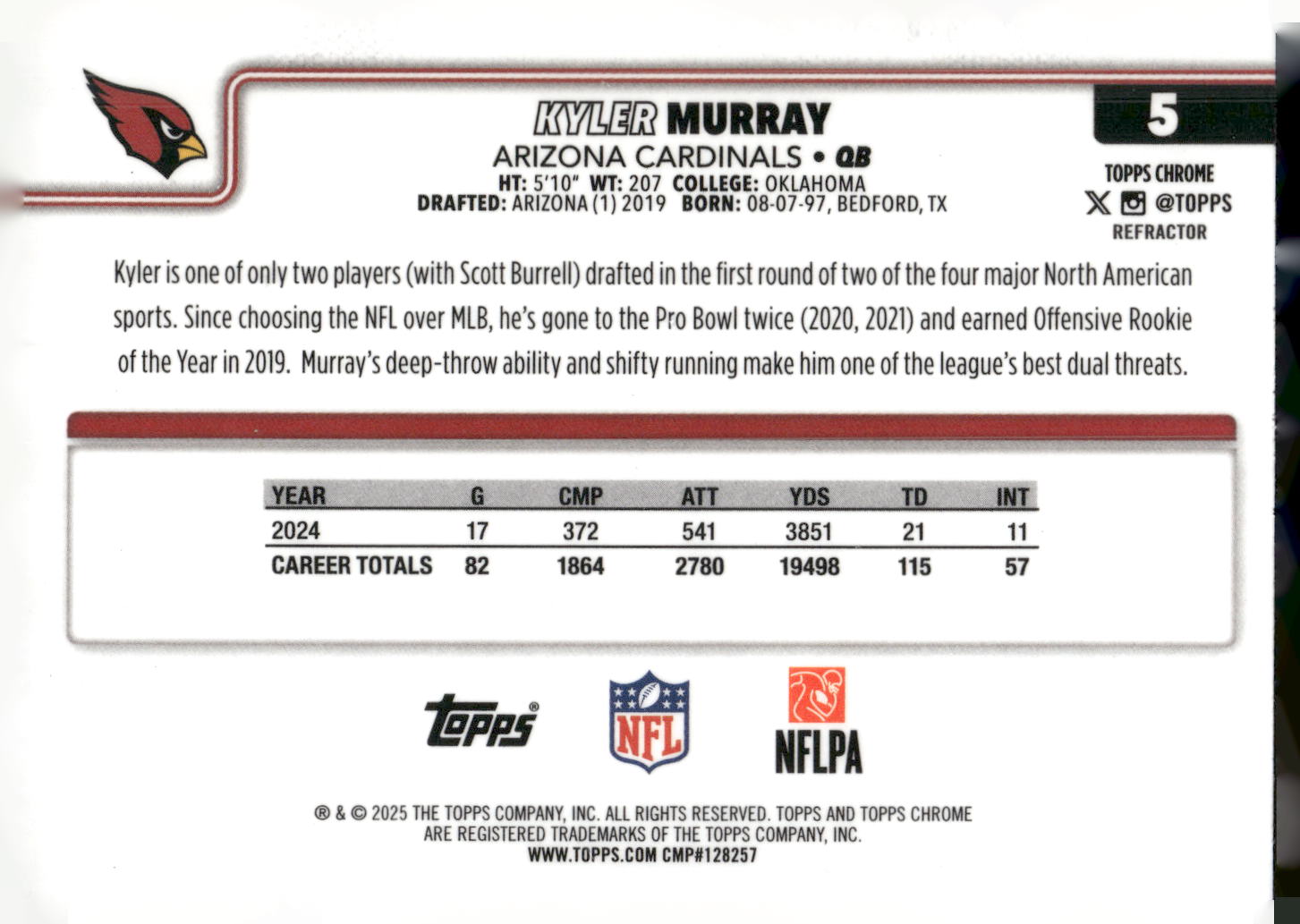 2025 Topps Chrome #5 Kyler Murray Refractor