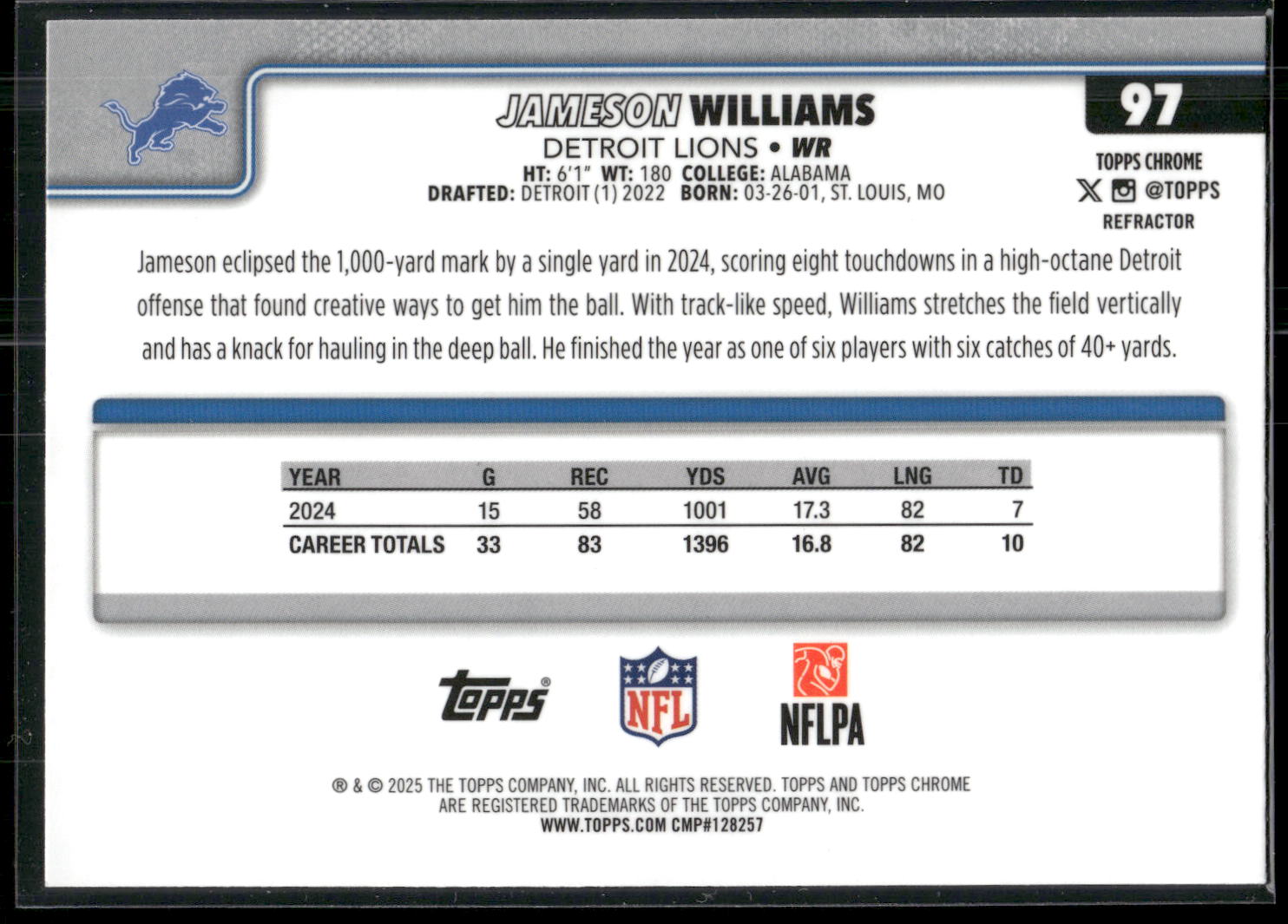 2025 Topps Chrome #97 Jameson Williams Refractor
