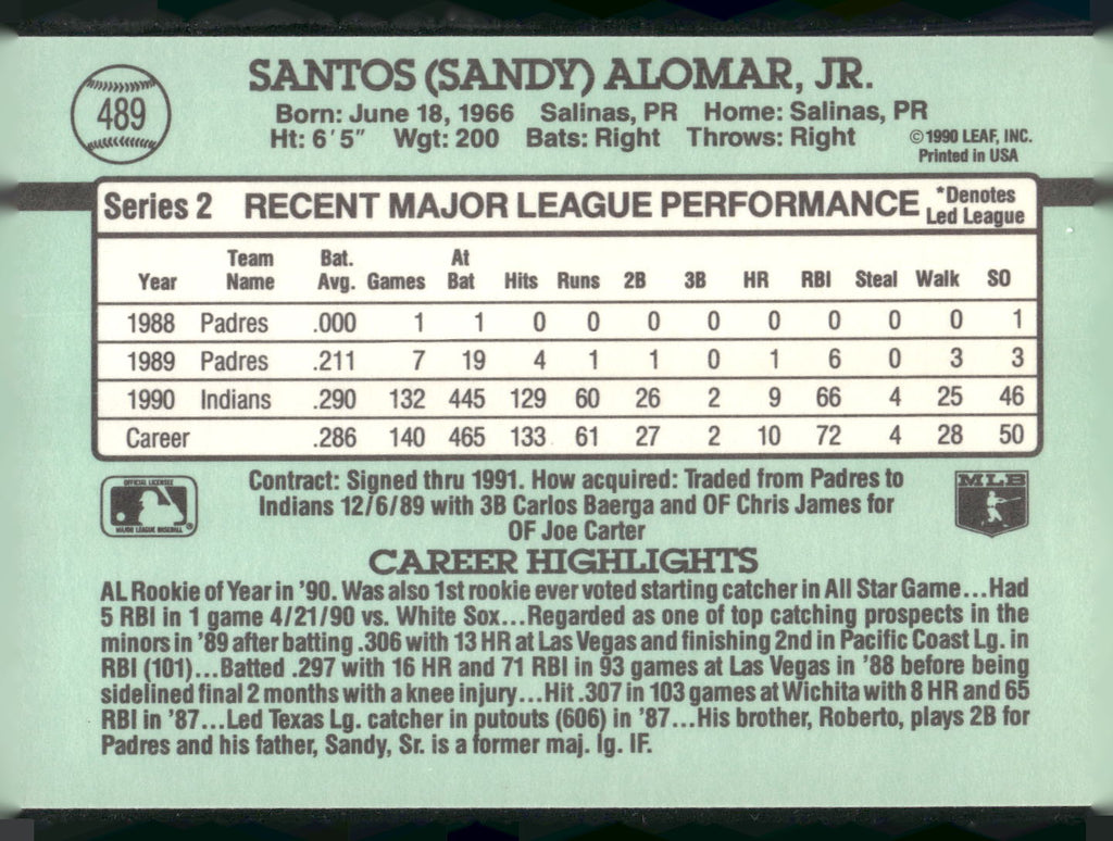 1991 Donruss #489 Sandy Alomar
