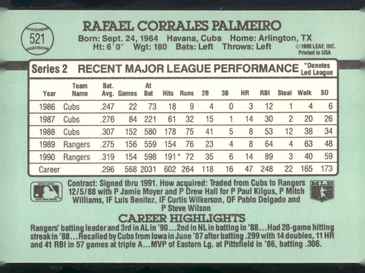 1991 Donruss #521 Rafael Palmeiro