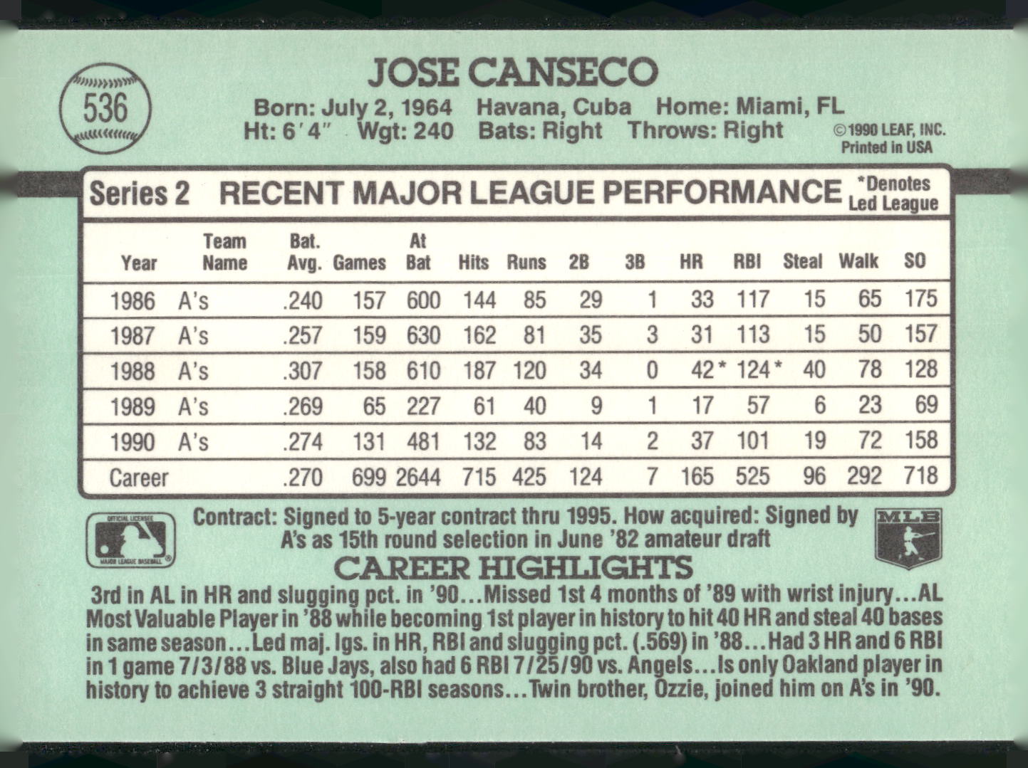1991 Donruss #536 Jose Canseco