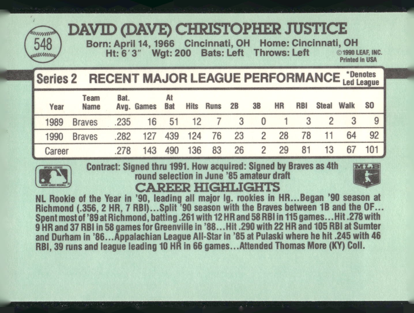 1991 Donruss #548 Dave Justice