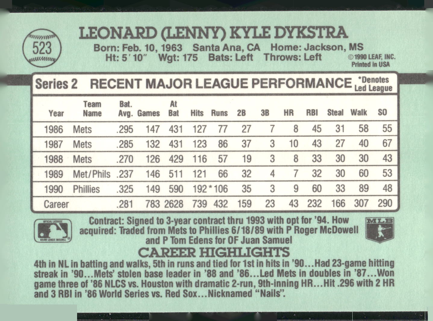 1991 Donruss #523 Len Dykstra