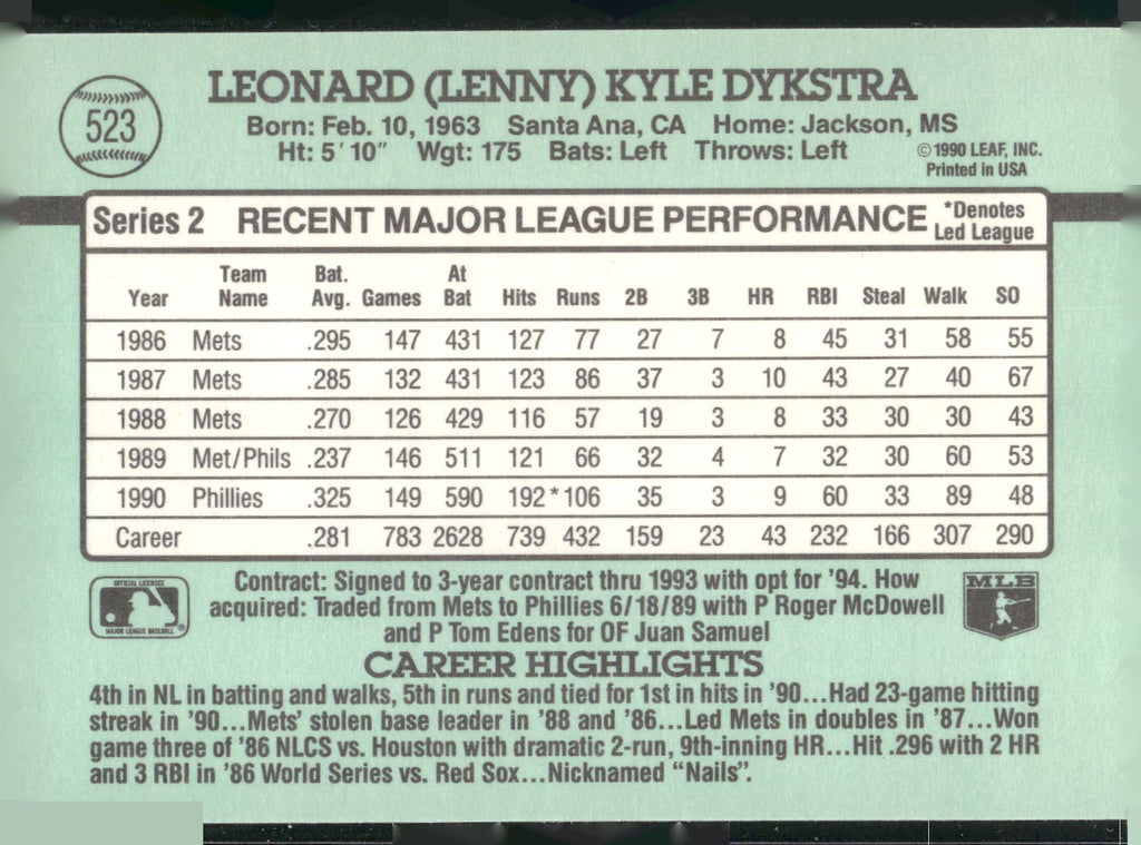 1991 Donruss #523 Len Dykstra