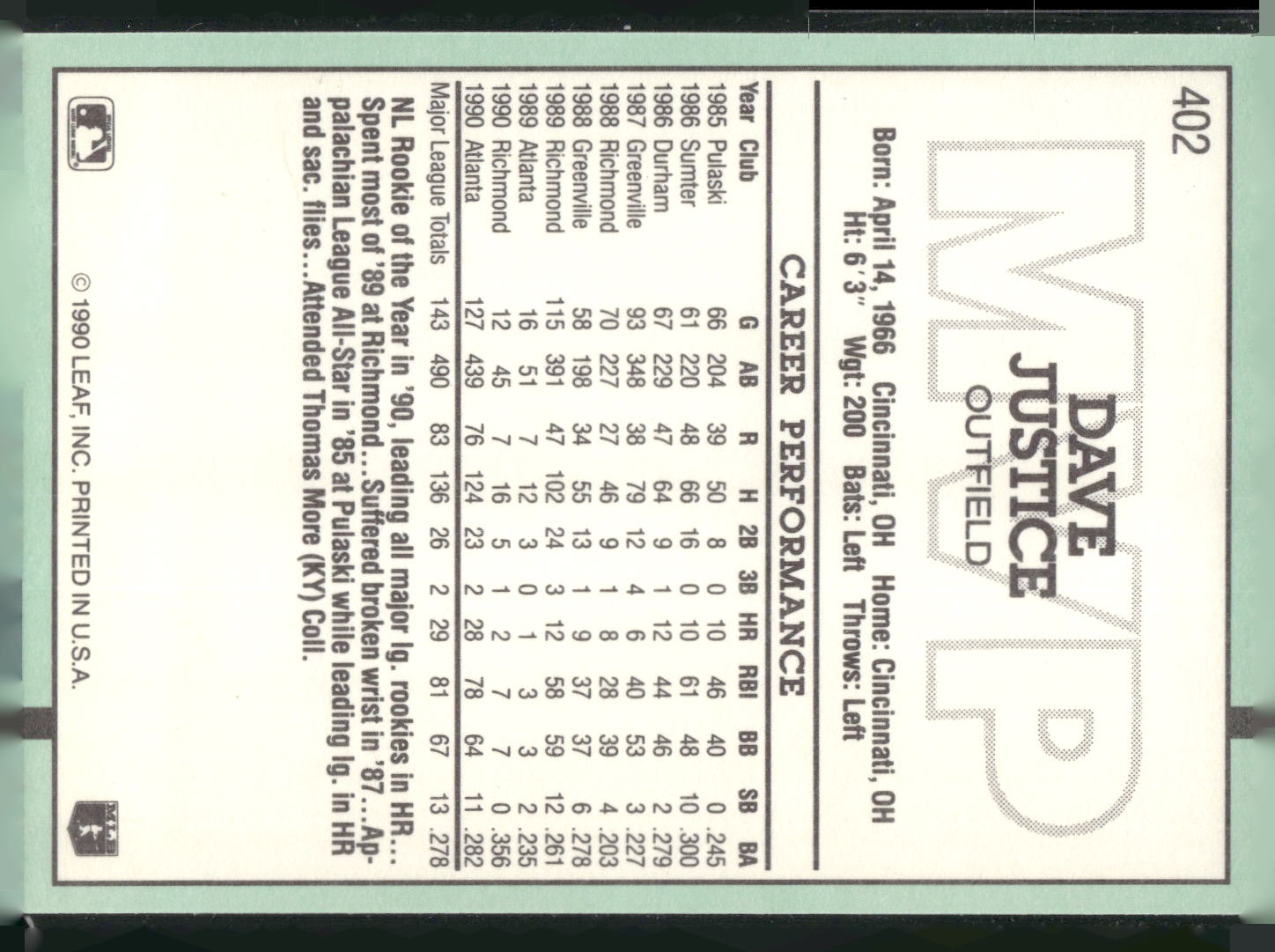1991 Donruss #402 Dave Justice