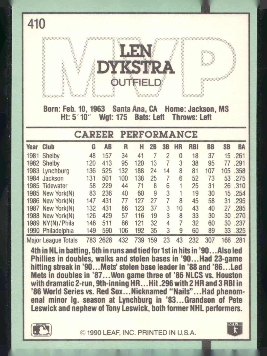 1991 Donruss #410 Len Dykstra