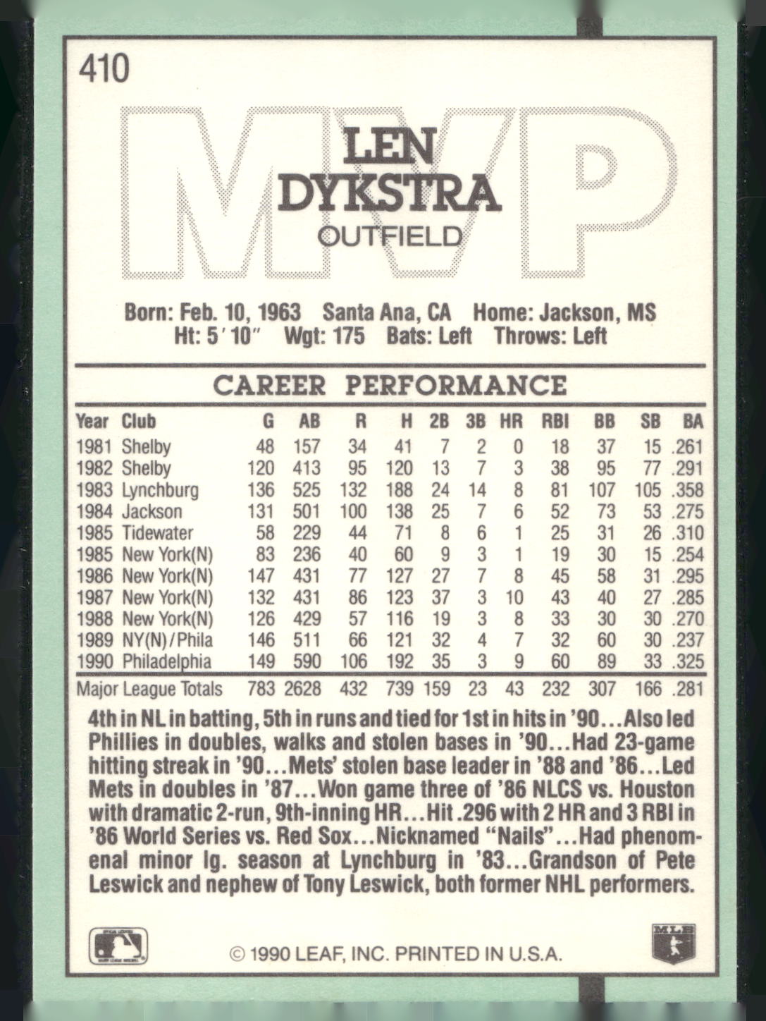 1991 Donruss #410 Len Dykstra