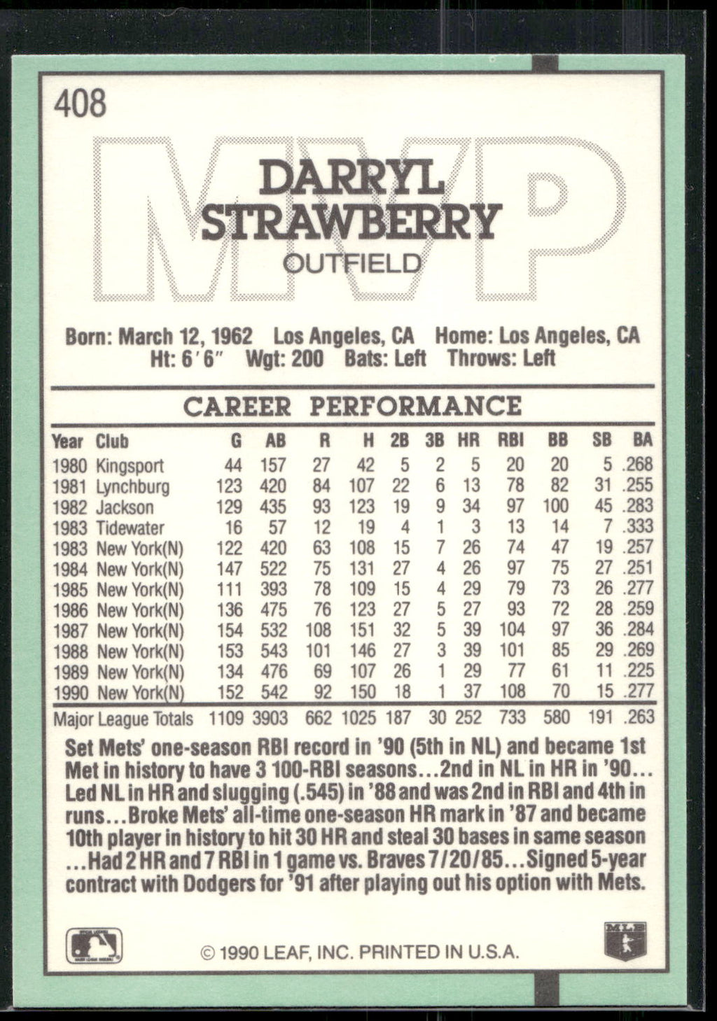 1991 Donruss #408 Darryl Strawberry