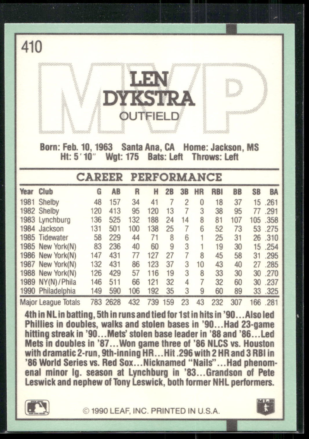 1991 Donruss #410 Len Dykstra