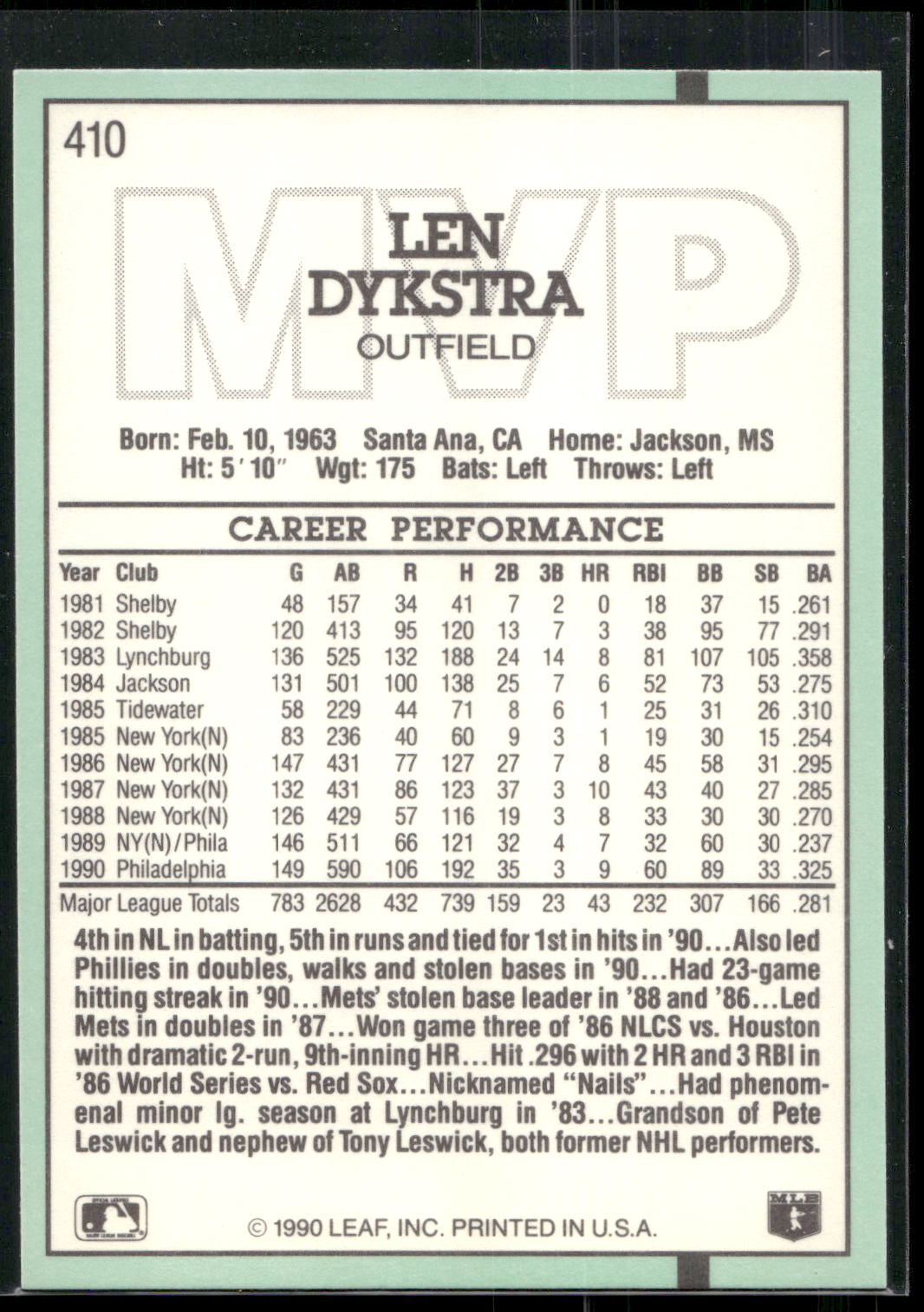 1991 Donruss #410 Len Dykstra