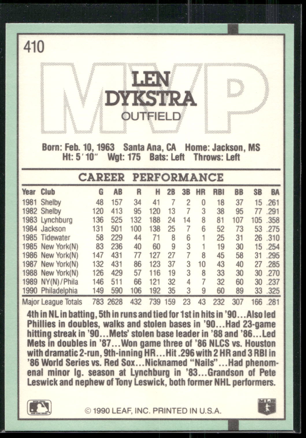 1991 Donruss #410 Len Dykstra