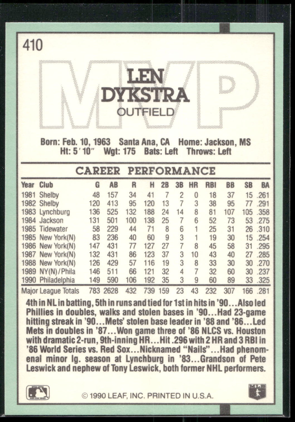 1991 Donruss #410 Len Dykstra
