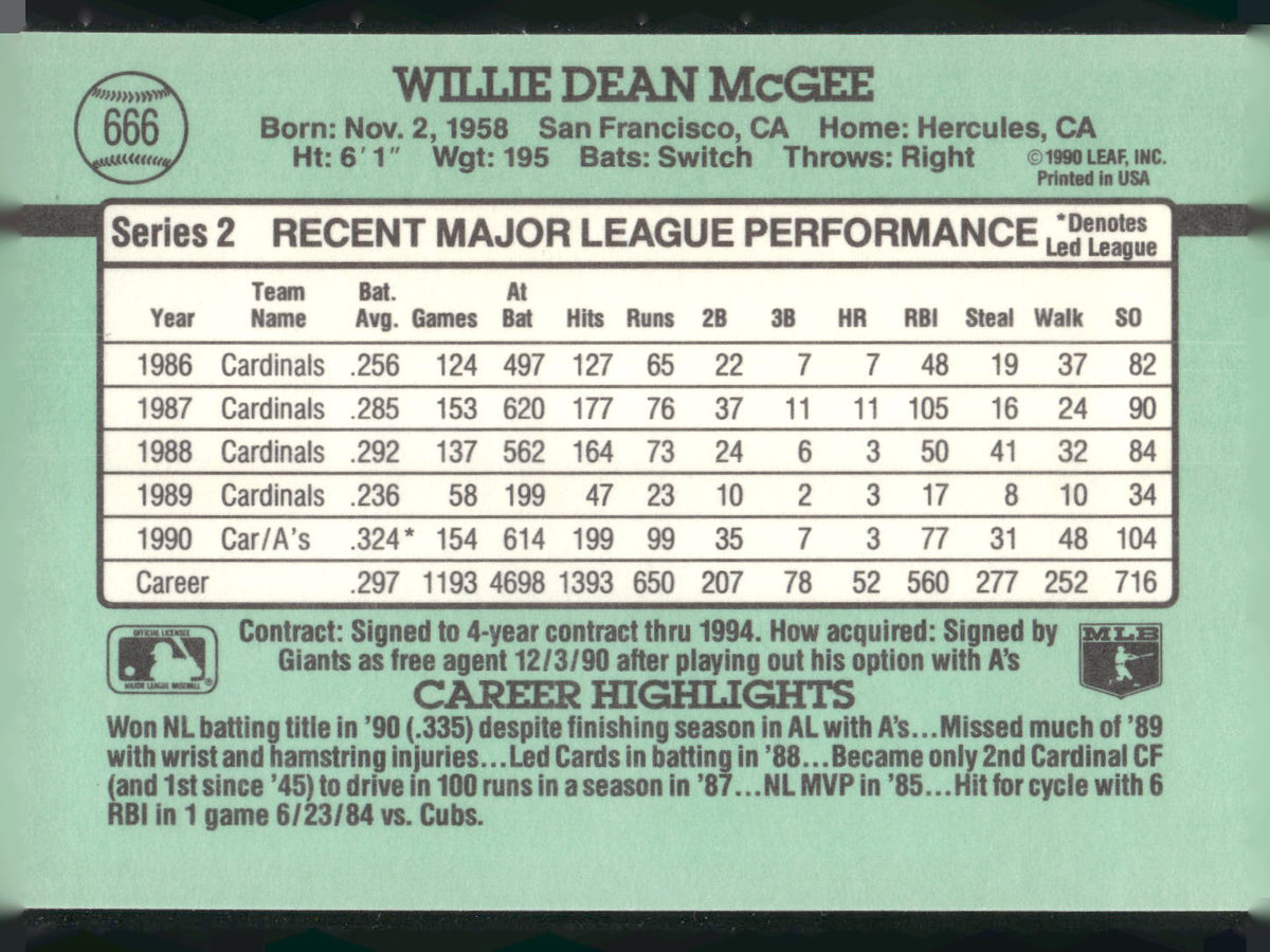 1991 Donruss #666 Willie McGee