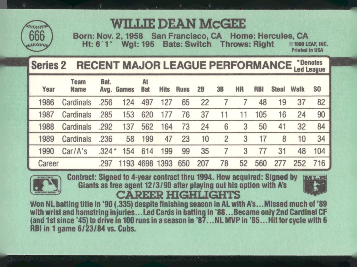 1991 Donruss #666 Willie McGee