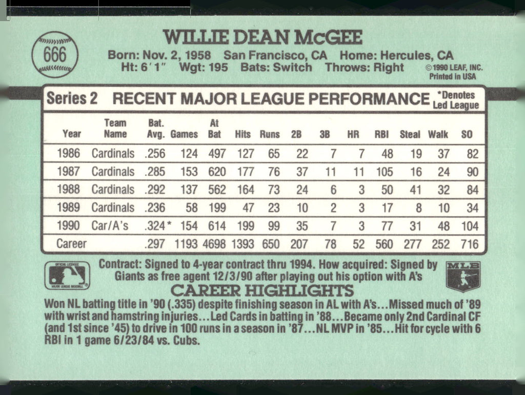 1991 Donruss #666 Willie McGee