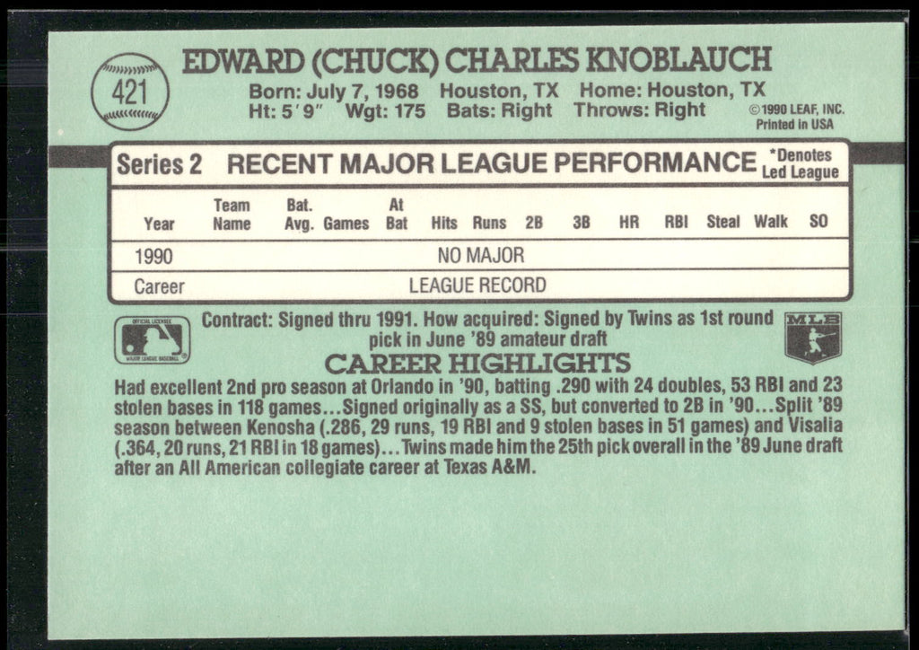 1991 Donruss #421 Chuck Knoblauch