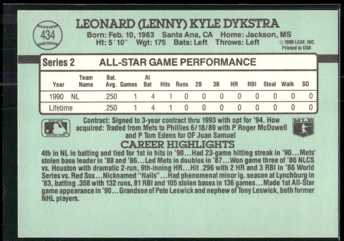 1991 Donruss #434 Len Dykstra