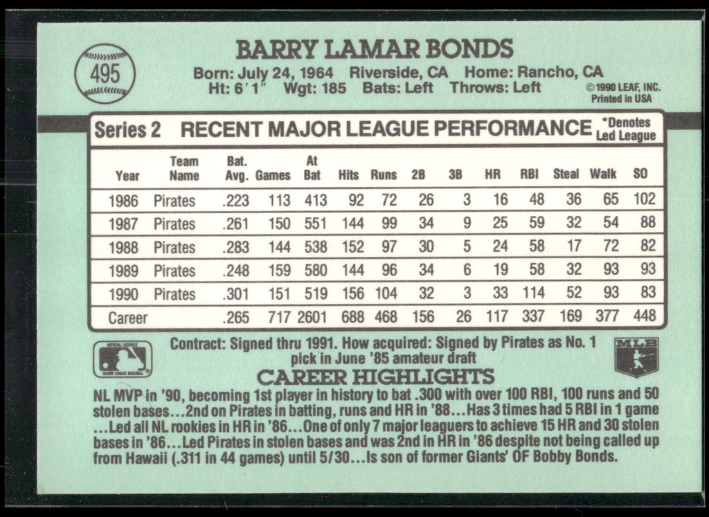 1991 Donruss #495 Barry Bonds