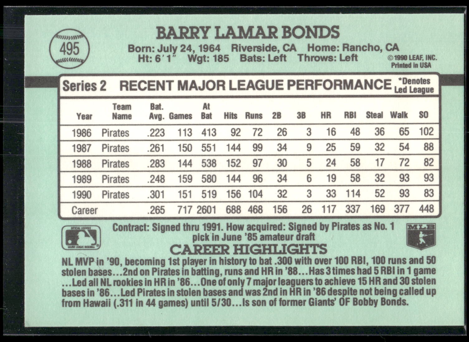 1991 Donruss #495 Barry Bonds