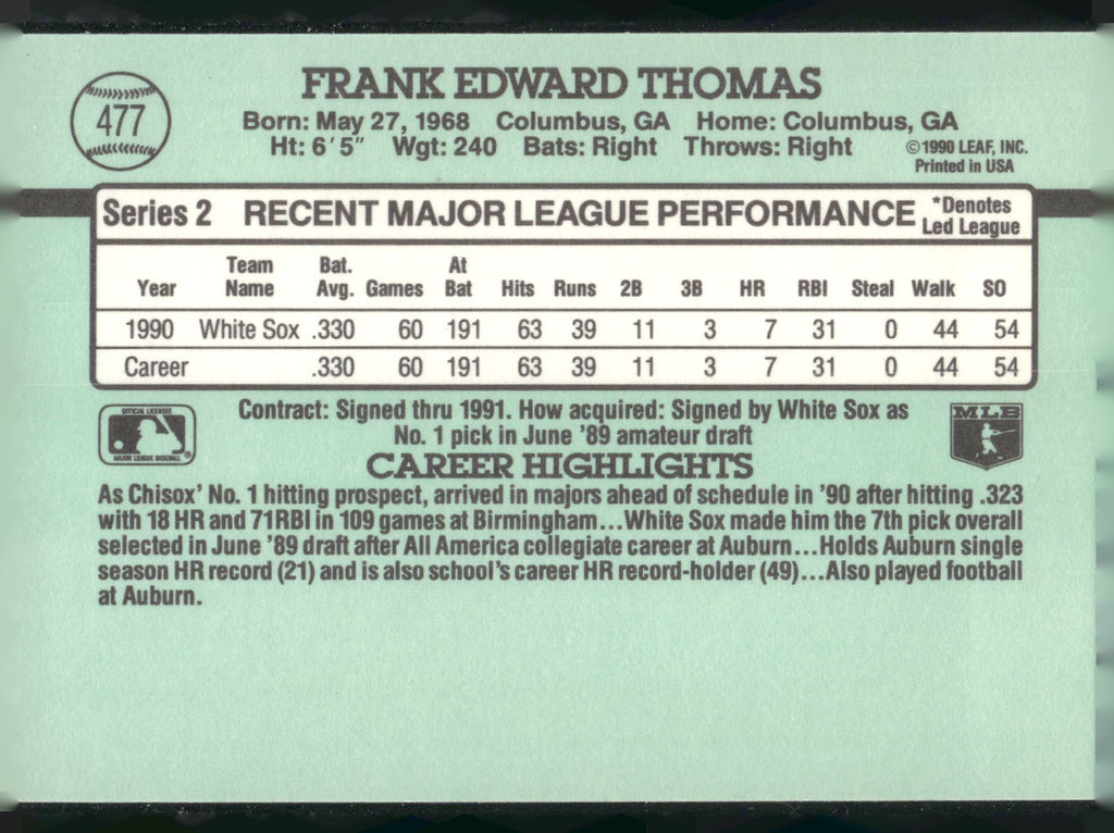 1991 Donruss #477 Frank Thomas