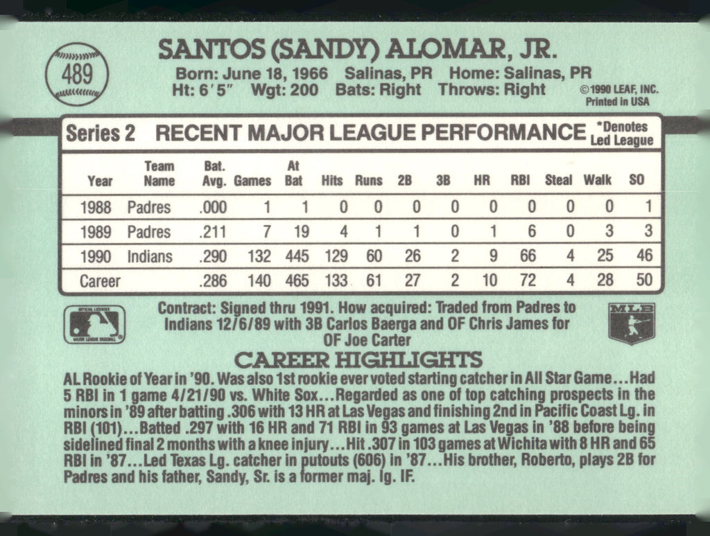 1991 Donruss #489 Sandy Alomar