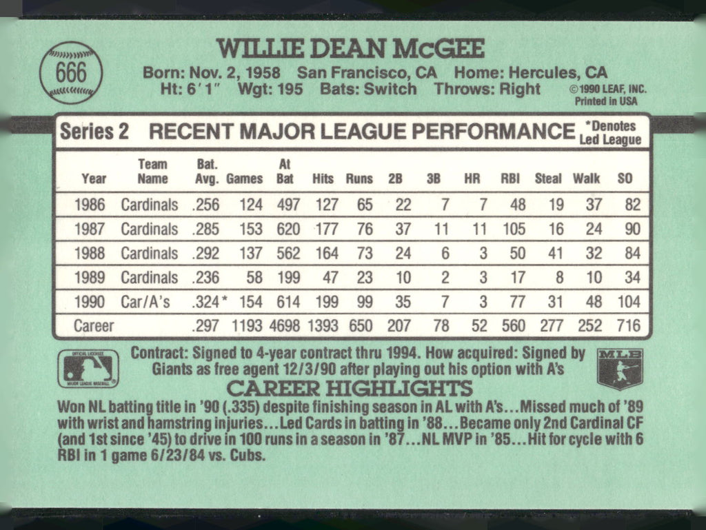 1991 Donruss #666 Willie McGee