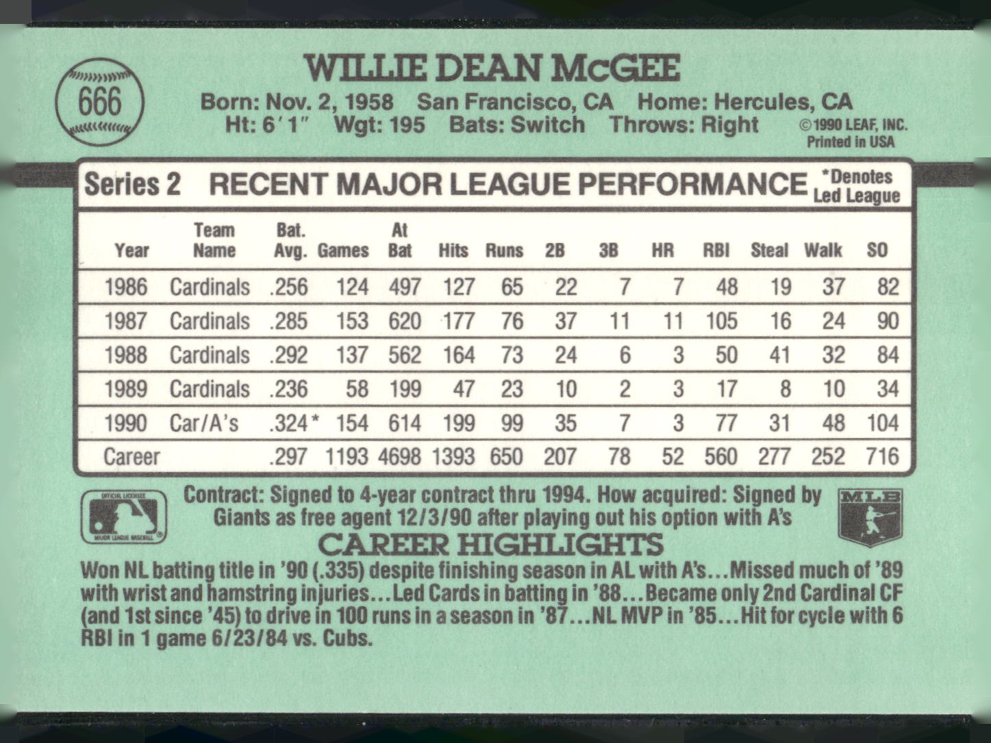 1991 Donruss #666 Willie McGee
