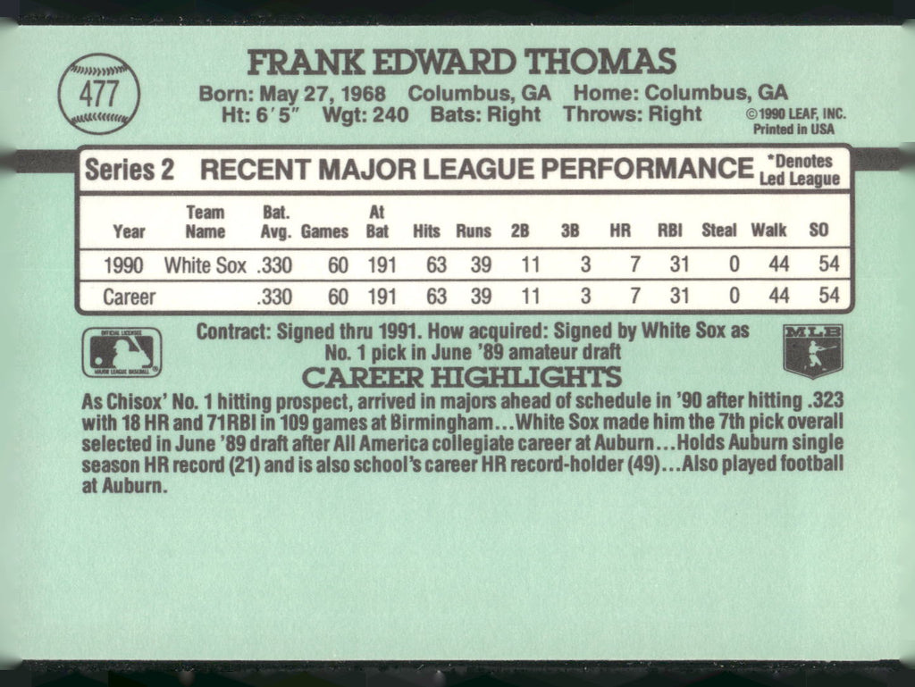 1991 Donruss #477 Frank Thomas