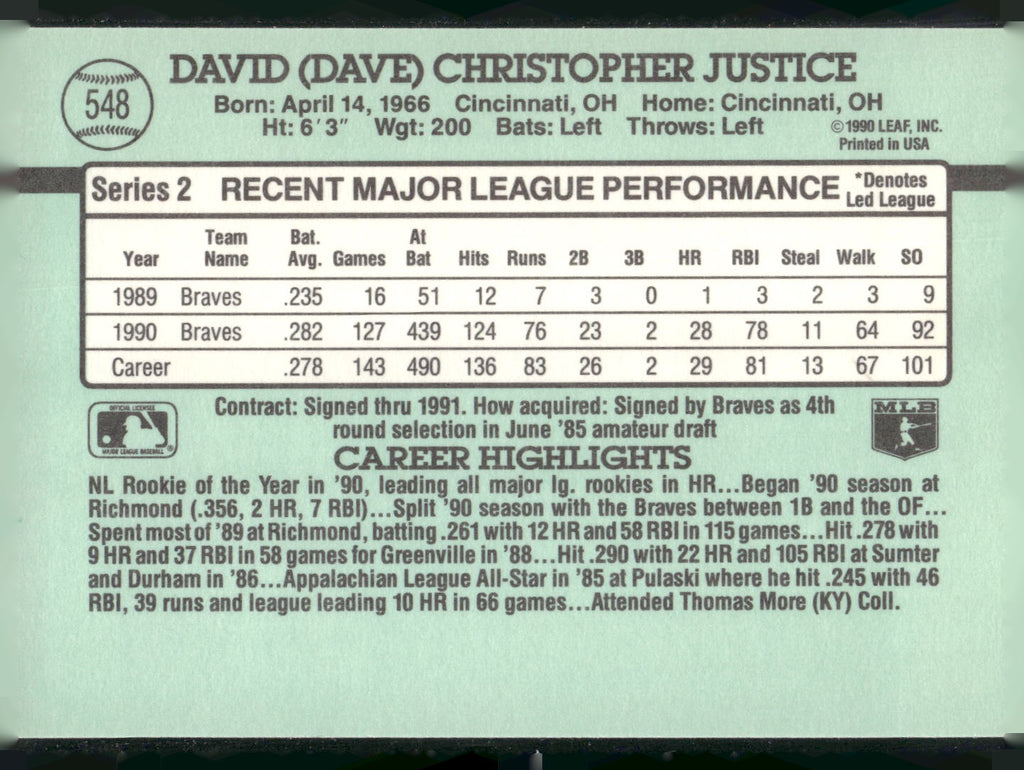 1991 Donruss #548 Dave Justice