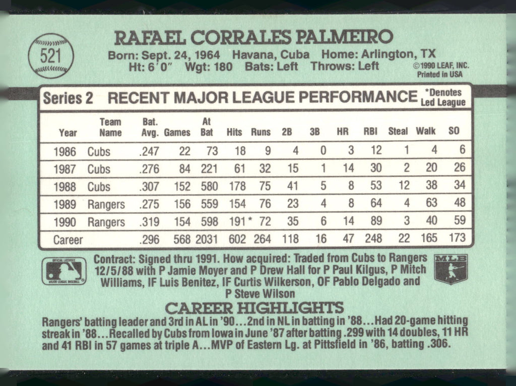 1991 Donruss #521 Rafael Palmeiro