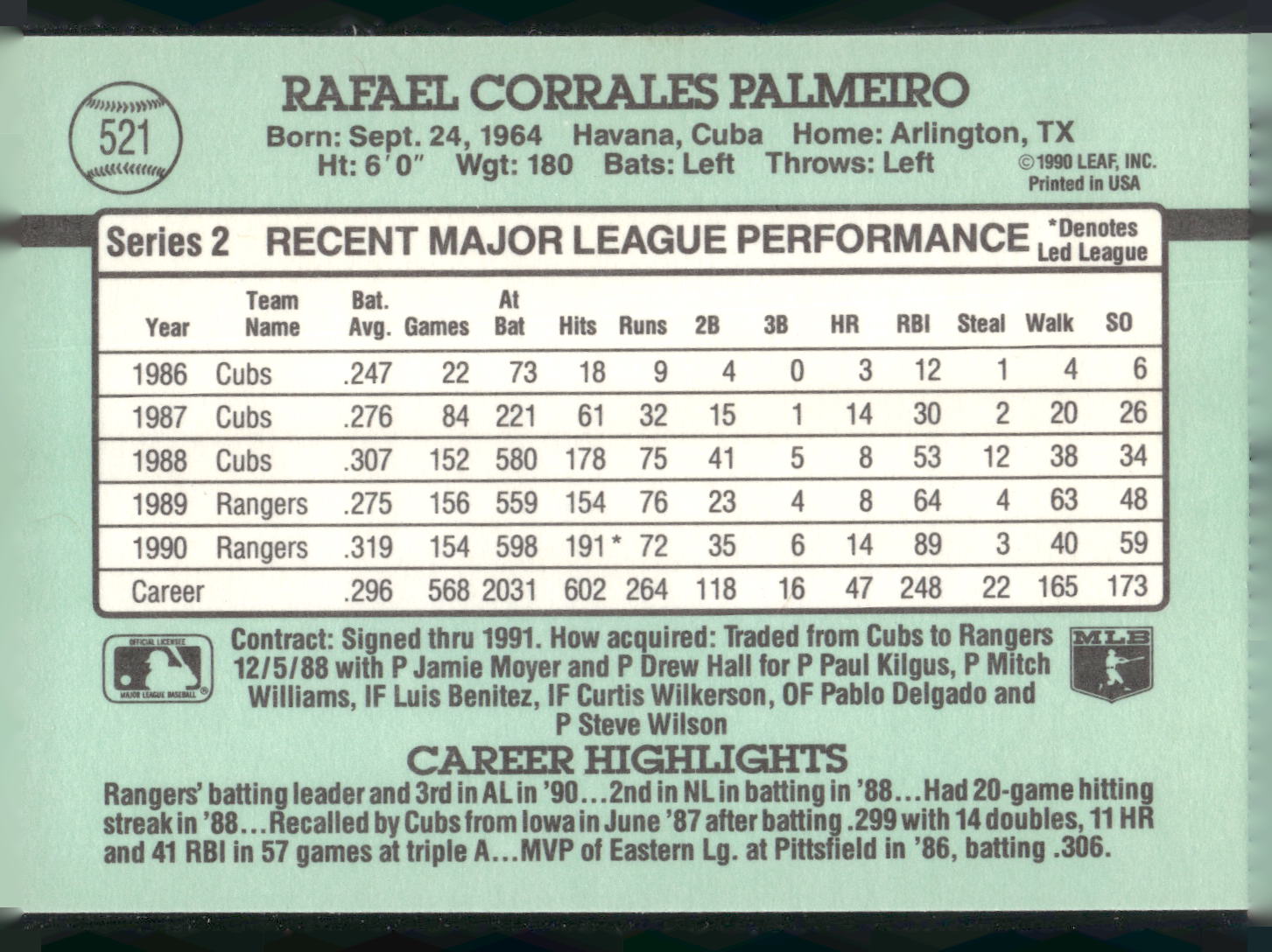 1991 Donruss #521 Rafael Palmeiro