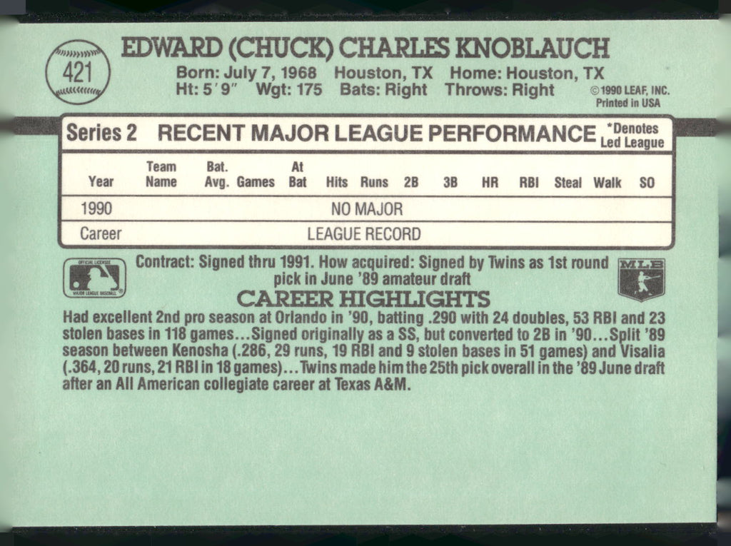 1991 Donruss #421 Chuck Knoblauch