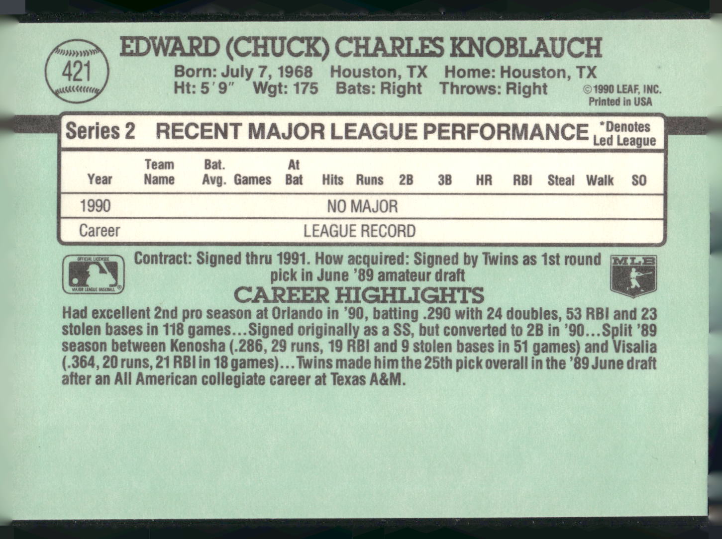 1991 Donruss #421 Chuck Knoblauch