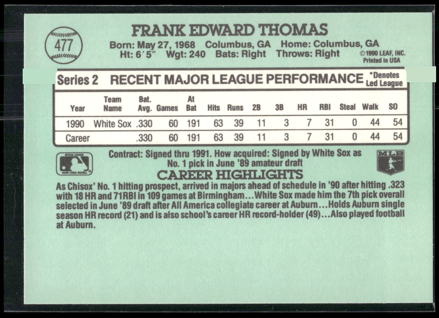 1991 Donruss #477 Frank Thomas