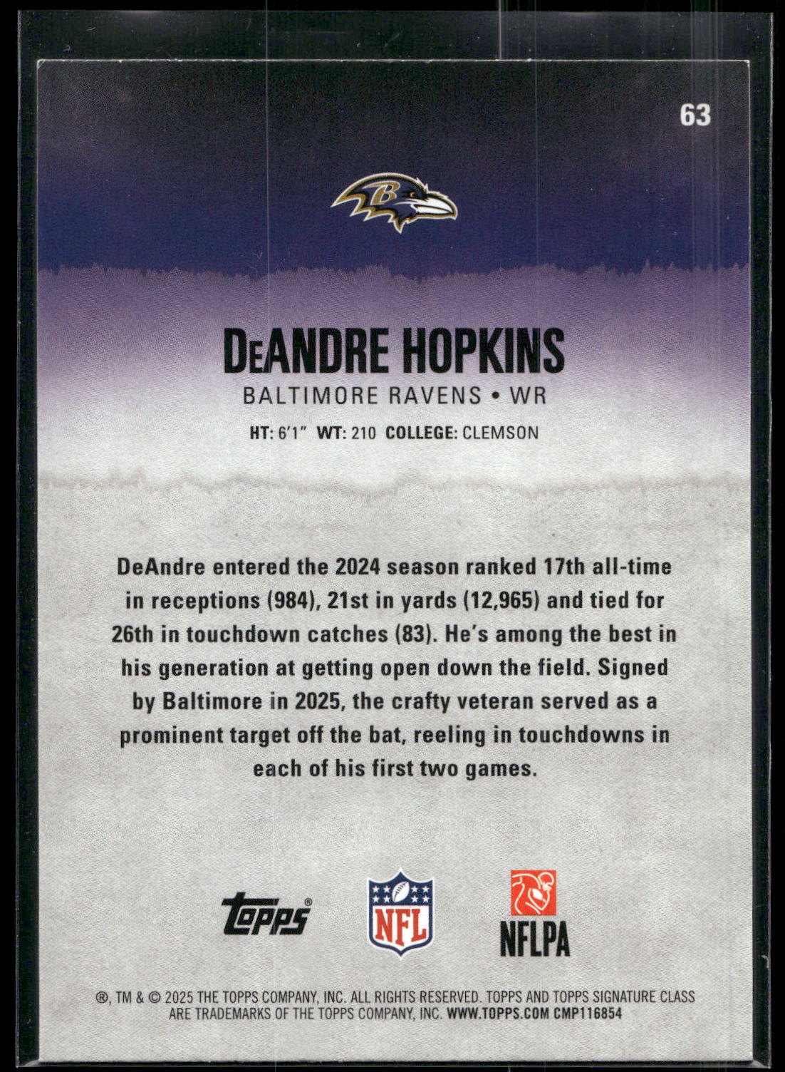 2025 Topps Signature Class #63 DeAndre Hopkins