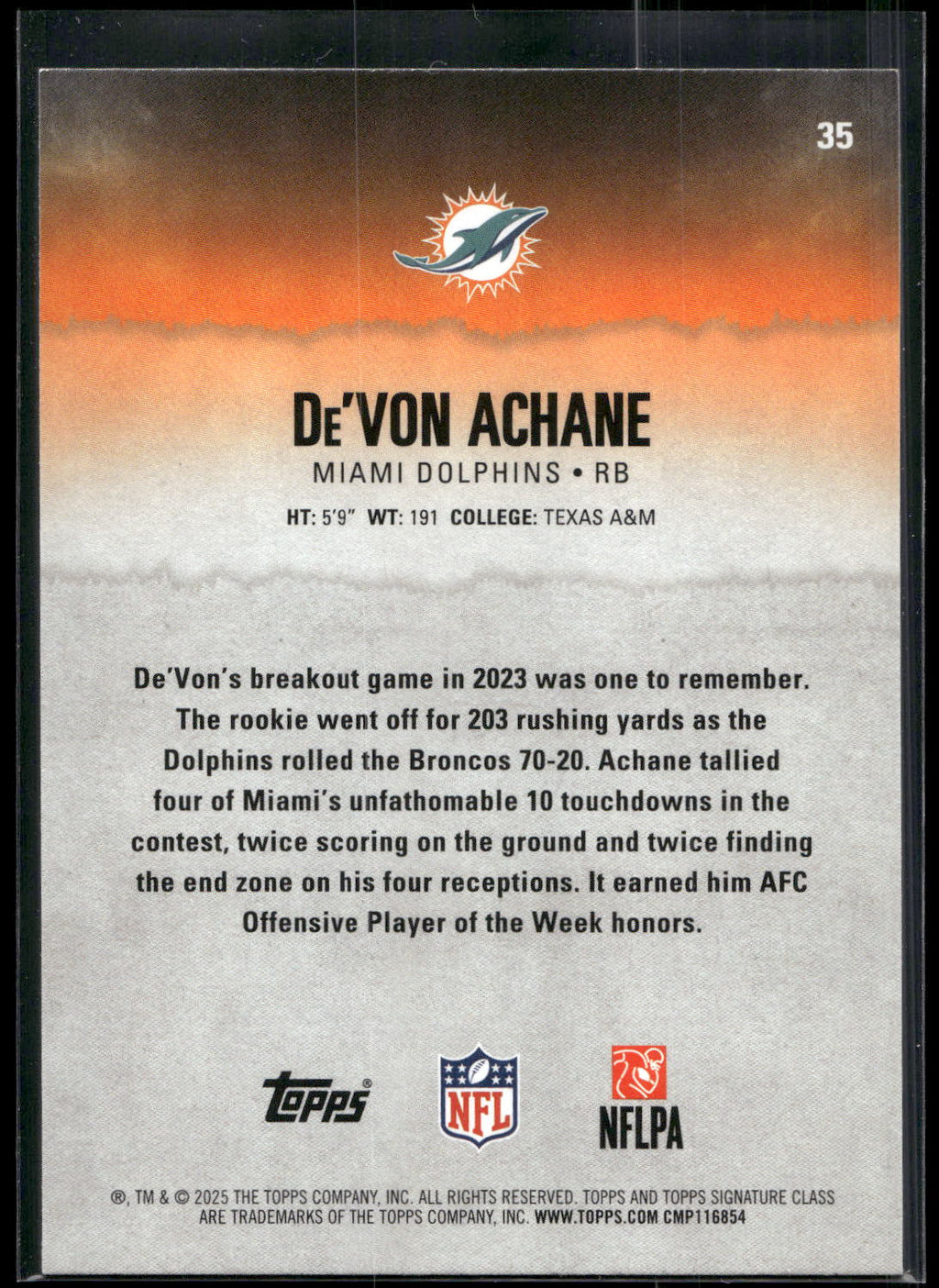 2025 Topps Signature Class #35 De'Von Achane