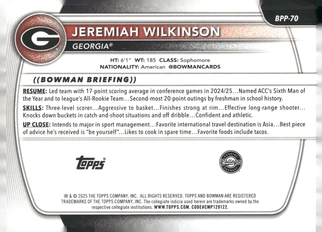 2025-26 Bowman #BPP-70 Jeremiah Wilkinson Prospects