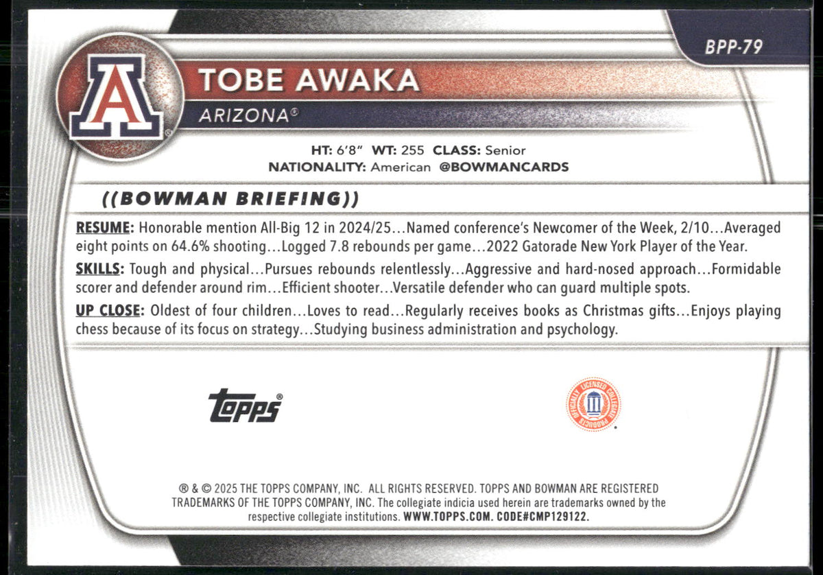 2025-26 Bowman #BPP-79 Tobe Awaka Prospects
